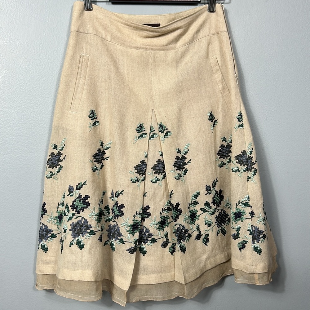 Stella Forest Wool Pleated Embroidered Midi Skater Skirt Tan size 38